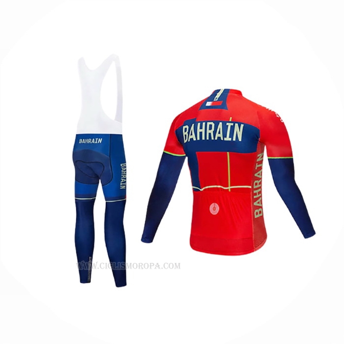 2019 Ropa Ciclismo Bahrain Merida Azul Rojo Mangas Largas y Culotte Lunga